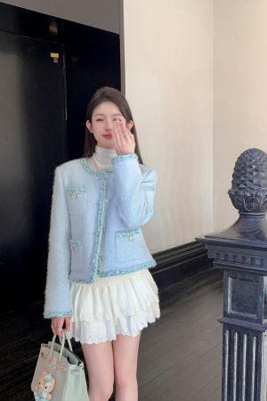High Waist Slim Fit White Knitted Lace Trim Cake Skirt - Spring Mohair Style for Trendy Women's Fashion