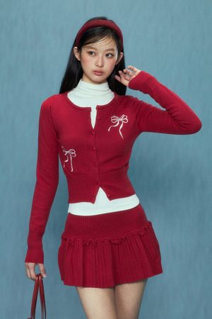 High-Waisted A-Line Pleated Knitted Skirt for Women - Spring 2025 Red Short Skirt, Slimming Design, Chic Casual Style