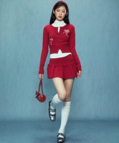 High-Waisted A-Line Pleated Knitted Skirt for Women - Spring 2025 Red Short Skirt, Slimming Design, Chic Casual Style