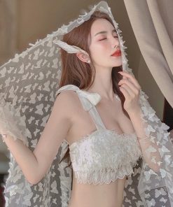 High-Waisted Bikini with Mesh Sleeves and Bow, Tummy-Covering Swimwear for Small Busts, Trendy Summer Style