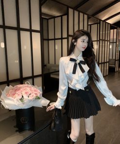 High-Waisted Black Gold Buckle Pleated A-Line Short Skirt for Women - Spring Summer Fashion, Elegant Slim Fit, Chic Style