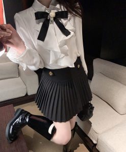 High-Waisted Black Gold Buckle Pleated A-Line Short Skirt for Women - Spring Summer Fashion, Elegant Slim Fit, Chic Style