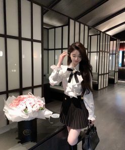 High-Waisted Black Gold Buckle Pleated A-Line Short Skirt for Women - Spring Summer Fashion, Elegant Slim Fit, Chic Style