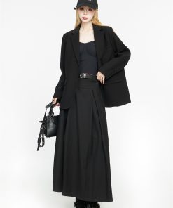 High-Waisted Black Pleated Skirt for Women - A-Line Design, 2025 Spring Fashion, Flattering Drape, Chic & Elegant Style