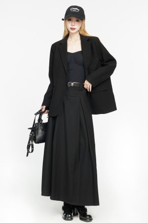 High-Waisted Black Pleated Skirt for Women - A-Line Design, 2025 Spring Fashion, Flattering Drape, Chic & Elegant Style