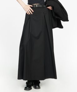 High-Waisted Black Pleated Skirt for Women - A-Line Design, 2025 Spring Fashion, Flattering Drape, Chic & Elegant Style
