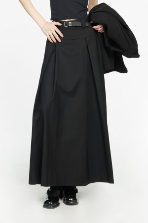 High-Waisted Black Pleated Skirt for Women - A-Line Design, 2025 Spring Fashion, Flattering Drape, Chic & Elegant Style
