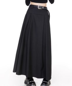 High-Waisted Black Pleated Skirt for Women - A-Line Design, 2025 Spring Fashion, Flattering Drape, Chic & Elegant Style