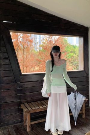 High-Waisted Bodycon Long Skirt with Spliced Mesh Design - Women's Pumpkin Half-Length Skirt for Trendy Fall Fashion