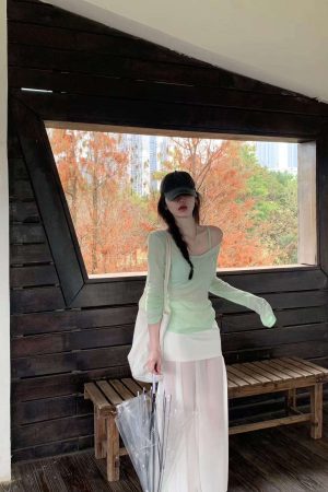 High-Waisted Bodycon Long Skirt with Spliced Mesh Design - Women's Pumpkin Half-Length Skirt for Trendy Fall Fashion