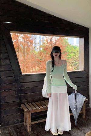 High-Waisted Bodycon Long Skirt with Spliced Mesh Design - Women's Pumpkin Half-Length Skirt for Trendy Fall Fashion