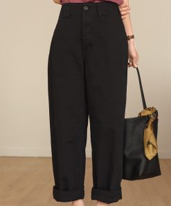 High-Waisted British Twill Cotton Paris Button Pants, Loose Straight-Leg Wide-Leg Jeans for Effortless Style