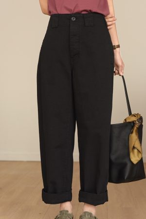 High-Waisted British Twill Cotton Paris Button Pants, Loose Straight-Leg Wide-Leg Jeans for Effortless Style