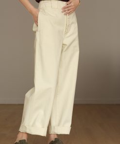 High-Waisted British Twill Cotton Paris Button Pants, Loose Straight-Leg Wide-Leg Jeans for Effortless Style