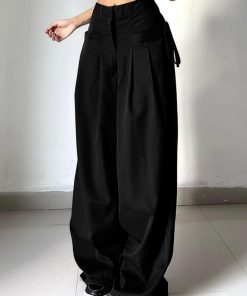 High-Waisted Draped Wide-Leg Pants for Tall Individuals - Minimalist Floor-Length Suit Pants with Pleats and Casual Loose Fit