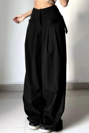 High-Waisted Draped Wide-Leg Pants for Tall Individuals - Minimalist Floor-Length Suit Pants with Pleats and Casual Loose Fit