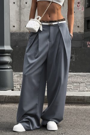 High-Waisted Draped Wide-Leg Pants for Tall Individuals - Minimalist Floor-Length Suit Pants with Pleats and Casual Loose Fit