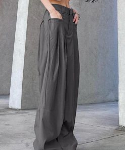 High-Waisted Draped Wide-Leg Pants for Tall Individuals - Minimalist Floor-Length Suit Pants with Pleats and Casual Loose Fit