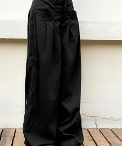 High-Waisted Draped Wide-Leg Pants for Tall Individuals - Minimalist Floor-Length Suit Pants with Pleats and Casual Loose Fit