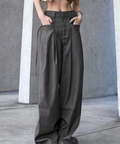 High-Waisted Draped Wide-Leg Pants for Tall Individuals - Minimalist Floor-Length Suit Pants with Pleats and Casual Loose Fit