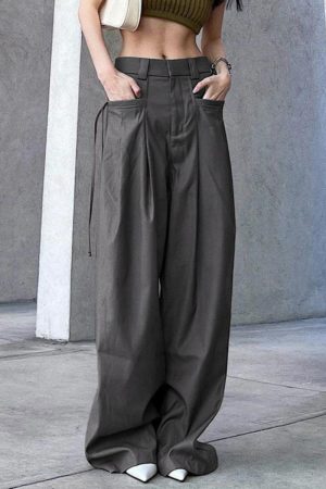 High-Waisted Draped Wide-Leg Pants for Tall Individuals - Minimalist Floor-Length Suit Pants with Pleats and Casual Loose Fit