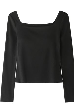 High-Waisted Knit Long-Sleeve T-Shirt for Women, Elegant Slim-Fit Square Neck Top for Autumn and Winter Fashion
