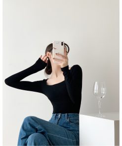 High-Waisted Knit Long-Sleeve T-Shirt for Women, Elegant Slim-Fit Square Neck Top for Autumn and Winter Fashion