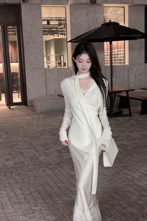 High-Waisted Lace Trim Satin Mermaid Skirt - Elegant White Long Skirt for Winter - Slim Fit Fashion Statement