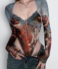 High-Waisted Long Sleeve Fitted Jumpsuit with Mesh Butterfly Print - European and American Style Spring/Summer 2025 Streetwear