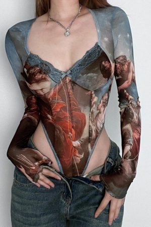 High-Waisted Long Sleeve Fitted Jumpsuit with Mesh Butterfly Print - European and American Style Spring/Summer 2025 Streetwear
