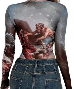 High-Waisted Long Sleeve Fitted Jumpsuit with Mesh Butterfly Print - European and American Style Spring/Summer 2025 Streetwear