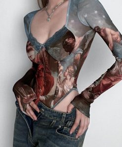 High-Waisted Long Sleeve Fitted Jumpsuit with Mesh Butterfly Print - European and American Style Spring/Summer 2025 Streetwear