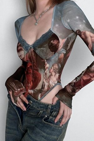 High-Waisted Long Sleeve Fitted Jumpsuit with Mesh Butterfly Print - European and American Style Spring/Summer 2025 Streetwear