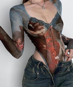 High-Waisted Long Sleeve Fitted Jumpsuit with Mesh Butterfly Print - European and American Style Spring/Summer 2025 Streetwear