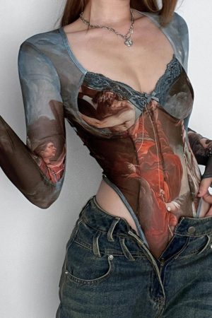High-Waisted Long Sleeve Fitted Jumpsuit with Mesh Butterfly Print - European and American Style Spring/Summer 2025 Streetwear