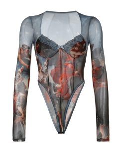 High-Waisted Long Sleeve Fitted Jumpsuit with Mesh Butterfly Print - European and American Style Spring/Summer 2025 Streetwear
