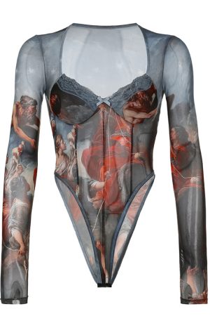 High-Waisted Long Sleeve Fitted Jumpsuit with Mesh Butterfly Print - European and American Style Spring/Summer 2025 Streetwear