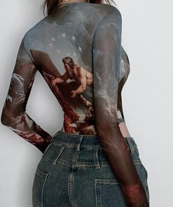 High-Waisted Long Sleeve Fitted Jumpsuit with Mesh Butterfly Print - European and American Style Spring/Summer 2025 Streetwear