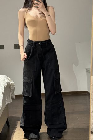 High-Waisted Loose Wide-Leg Work Denim Pants for Women - Heavy-Duty Multi-Pocket Casual Style, Straight Fit, Versatile Fashion