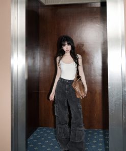 High-Waisted Loose Wide-Leg Work Denim Pants for Women - Heavy-Duty Multi-Pocket Casual Style, Straight Fit, Versatile Fashion