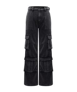 High-Waisted Loose Wide-Leg Work Denim Pants for Women - Heavy-Duty Multi-Pocket Casual Style, Straight Fit, Versatile Fashion