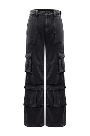 High-Waisted Loose Wide-Leg Work Denim Pants for Women - Heavy-Duty Multi-Pocket Casual Style, Straight Fit, Versatile Fashion