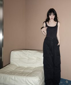 High-Waisted Loose Wide-Leg Work Denim Pants for Women - Heavy-Duty Multi-Pocket Casual Style, Straight Fit, Versatile Fashion