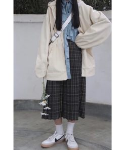 High-Waisted Plaid Pleated Skirt for Women, Retro Japanese A-Line Skirt, Mid-Length Spring Autumn Fashion, Slimming Style