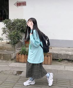 High-Waisted Plaid Pleated Skirt for Women, Retro Japanese A-Line Skirt, Mid-Length Spring Autumn Fashion, Slimming Style