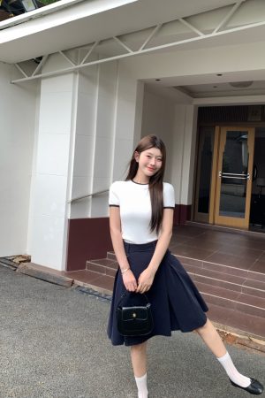 High-Waisted Pleated A-Line Skirt for Women - Fashionable College Style Mid-Length Umbrella Skirt for Summer 2025