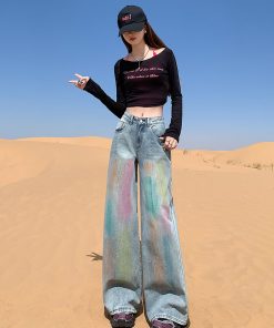 High-Waisted Rainbow Gradient Wide-Leg Jeans for Women, American Retro Loose Draped Floor-Length Trousers