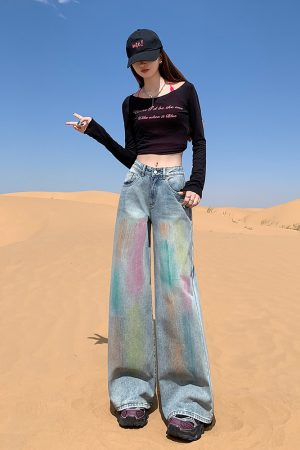 High-Waisted Rainbow Gradient Wide-Leg Jeans for Women, American Retro Loose Draped Floor-Length Trousers