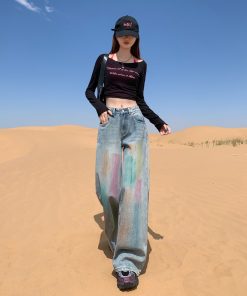 High-Waisted Rainbow Gradient Wide-Leg Jeans for Women, American Retro Loose Draped Floor-Length Trousers