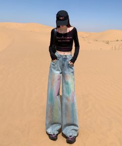 High-Waisted Rainbow Gradient Wide-Leg Jeans for Women, American Retro Loose Draped Floor-Length Trousers